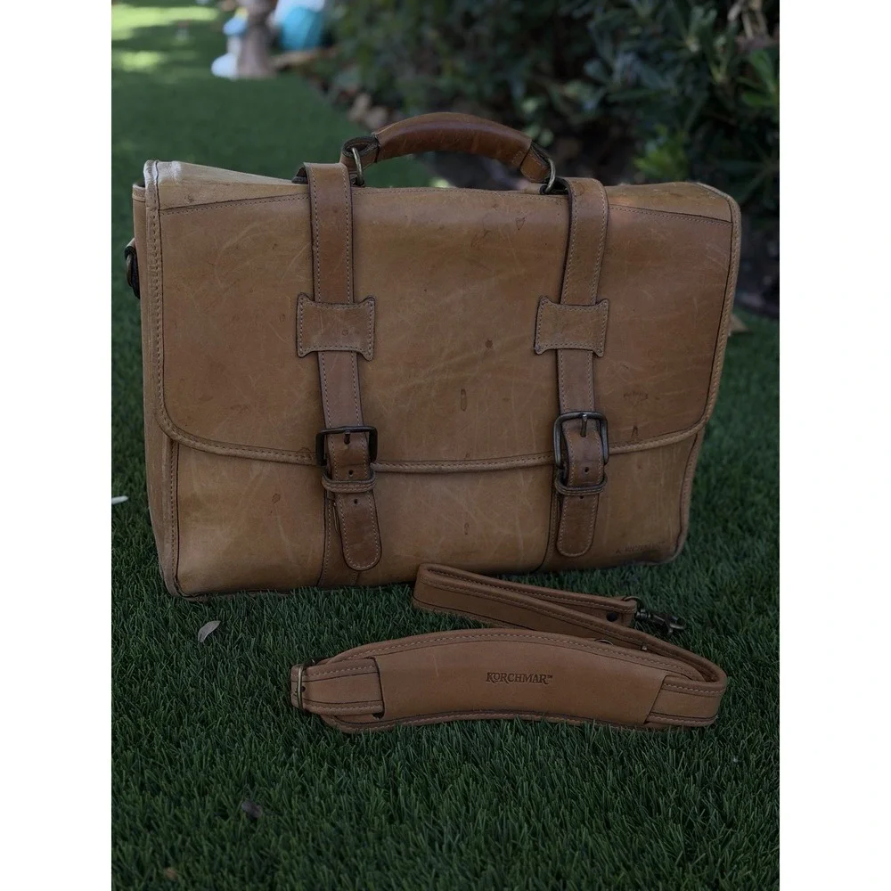 Vintage Korchmar Tan Leather Briefcase Double Buckle Business Work Bag